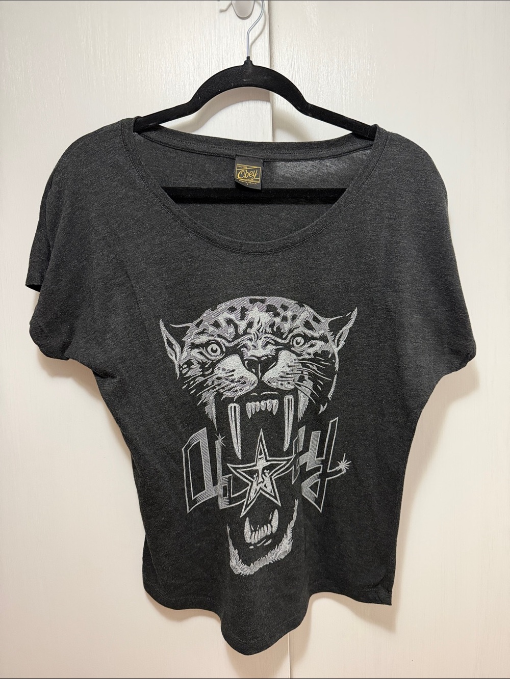 Obey Women’s Charcoal Gray Graphic Scoop Neck Tee